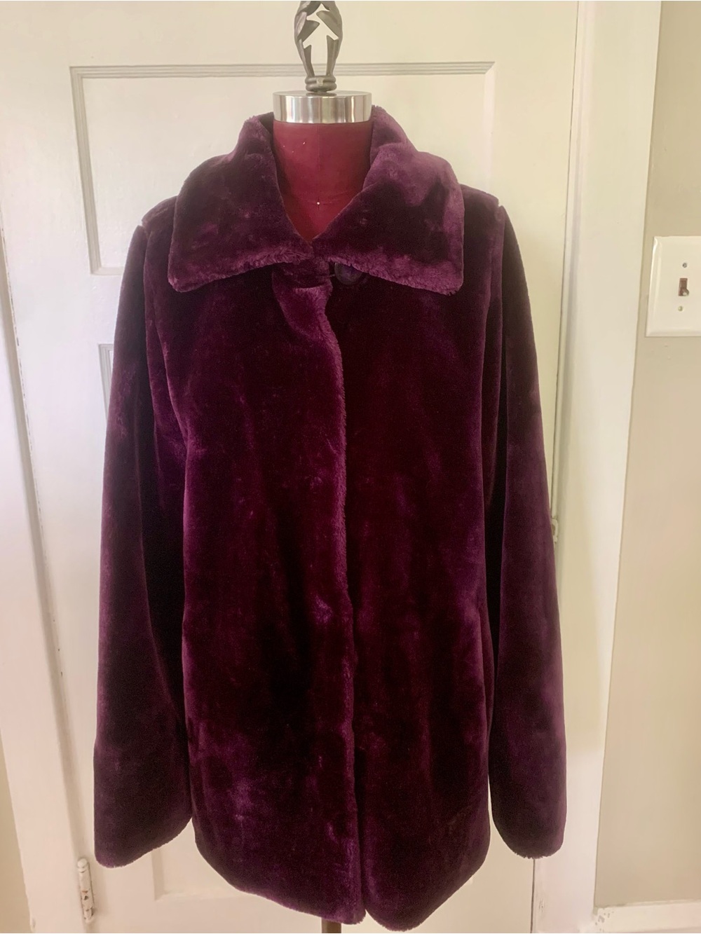 Dennis Basso Plush Faux Fur Coat Deep Plum Eggplant Mid-Length Coat Satin Lined